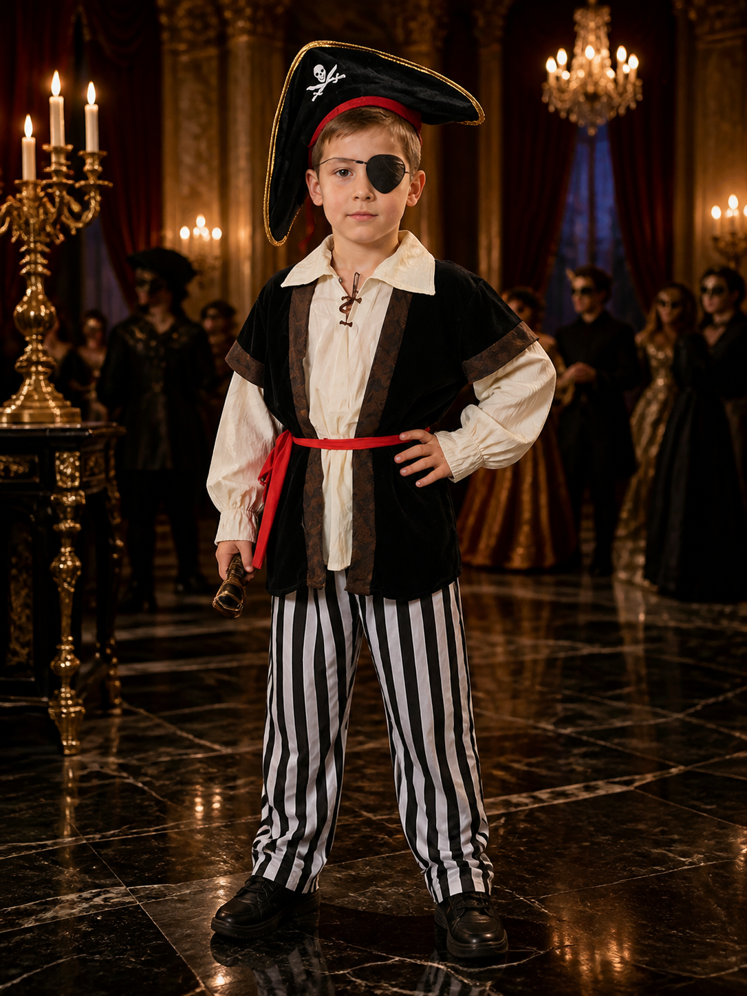 Kids' Pirate Costume Set - Skeleton Print Shirt, Striped Pants, Hat, Eye Patch Costume Headwear detail