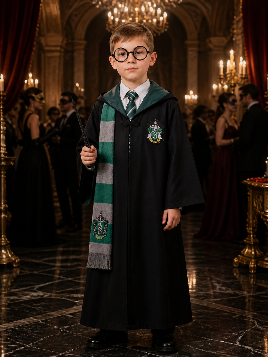 Green Wizard Costume Set, Hooded Robe With Tie, Scarf, Glasses & Wand Costume Accessories detail