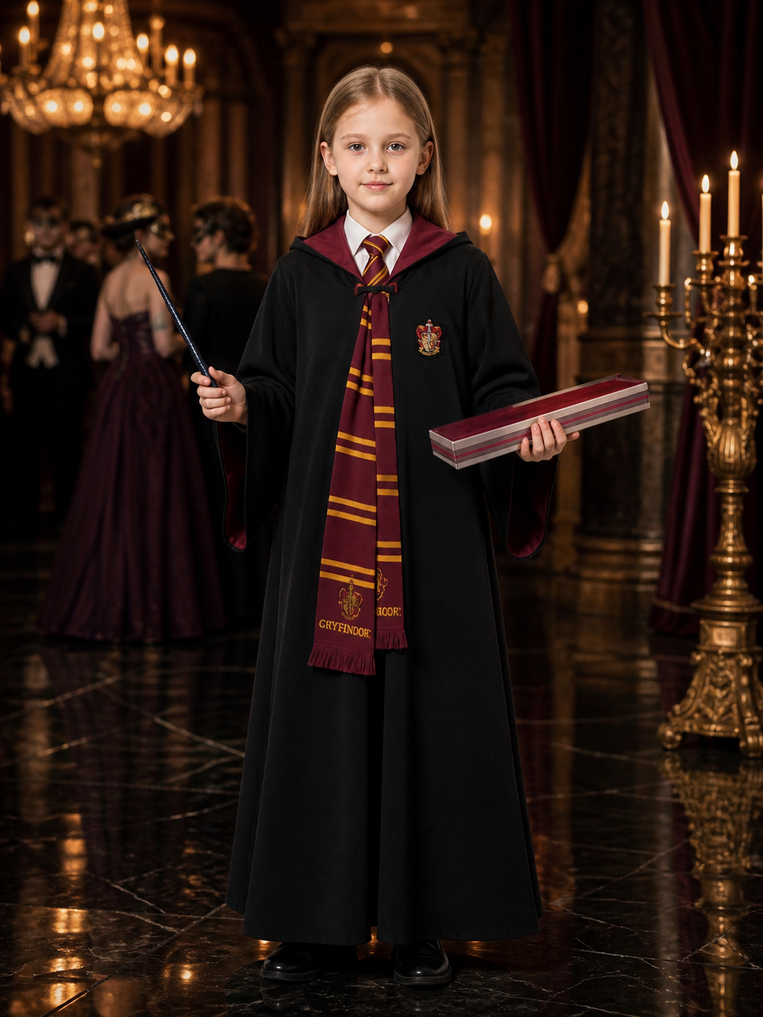 Kids Black Hooded Wizard Robe Costume Set with Tie, Scarf and Wand Costume Accessories detail