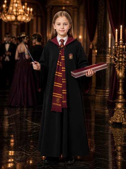 Kids Black Hooded Wizard Robe Costume Set with Tie, Scarf and Wand Costume Accessories detail