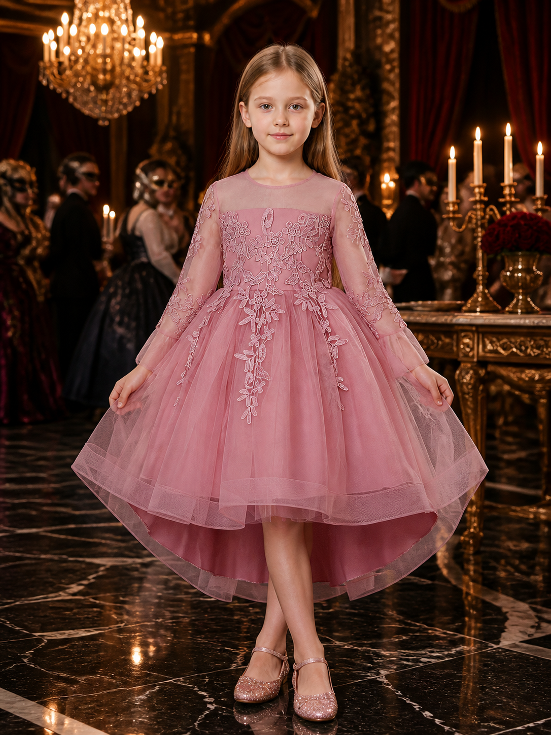 Girls' Princess Formal Dress, Long Sleeve Floral Embroidered Layered Tulle Skirt Costume Dresses detail