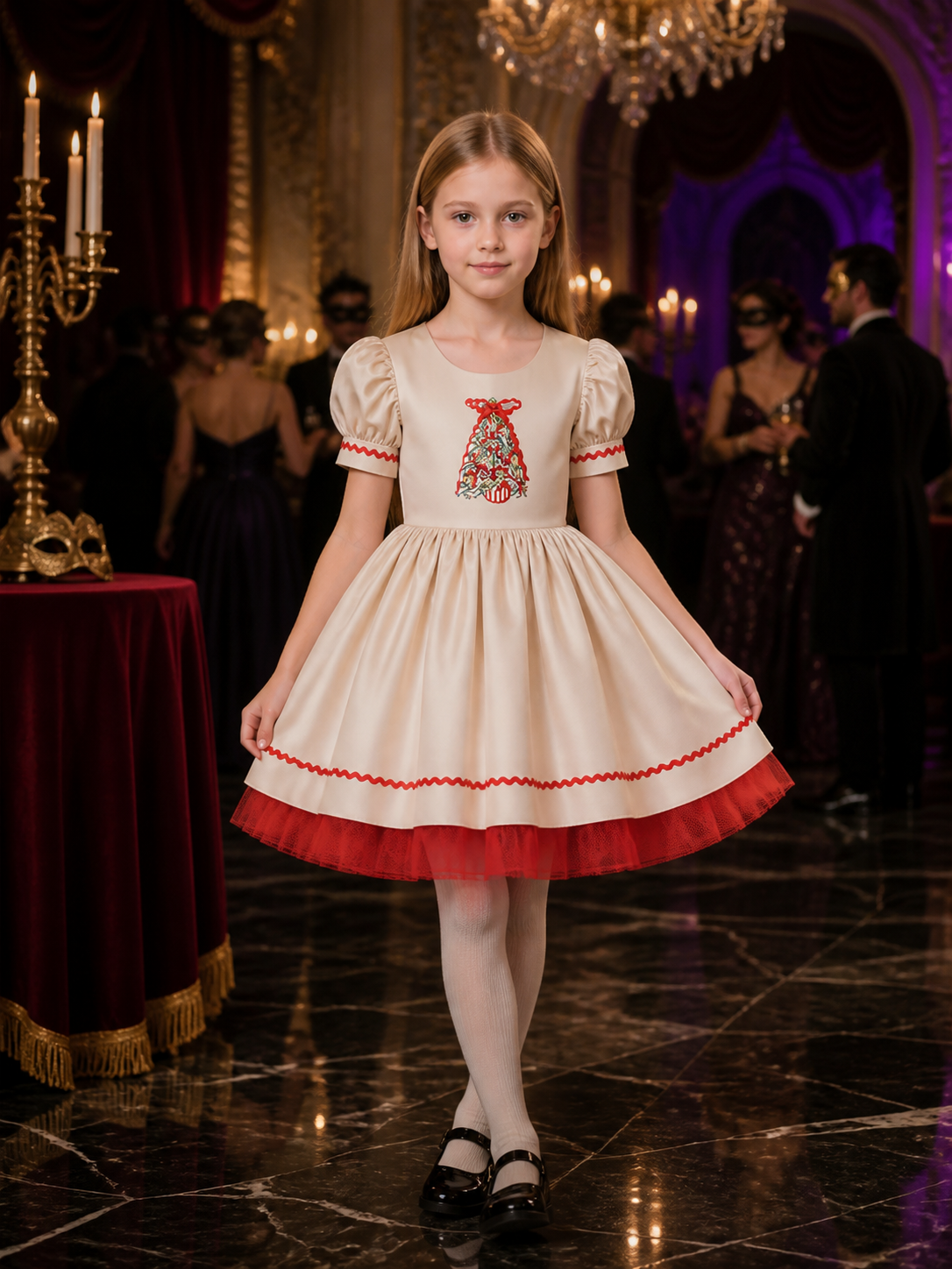 Girls' Christmas Princess Dress, Bell Print, Ruffle Trim and Tulle Skirt Costume Costume Dresses detail