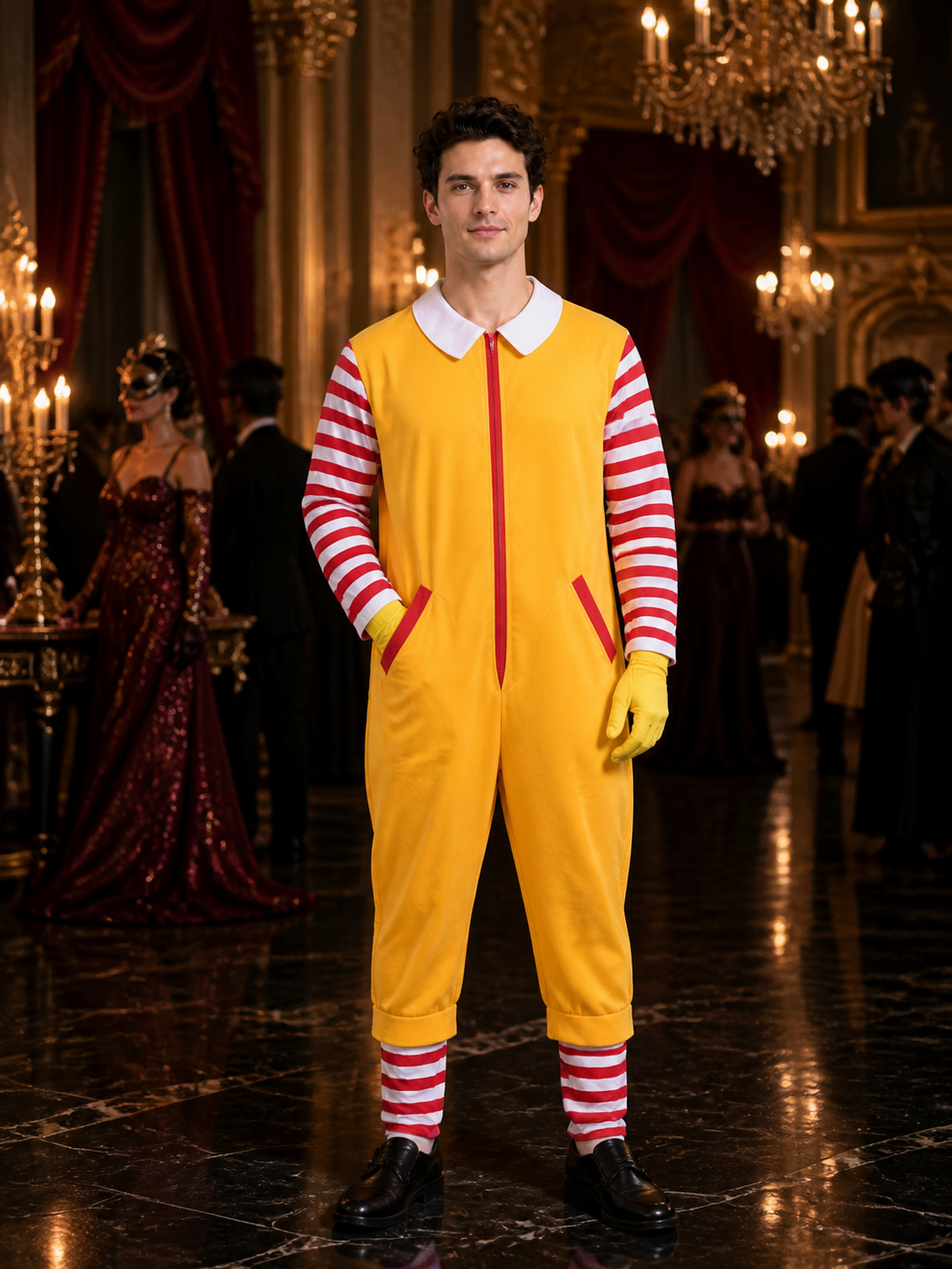 Red and Yellow Clown Jumpsuit Costume, Striped Sleeves, Cosplay Performance Costumes detail