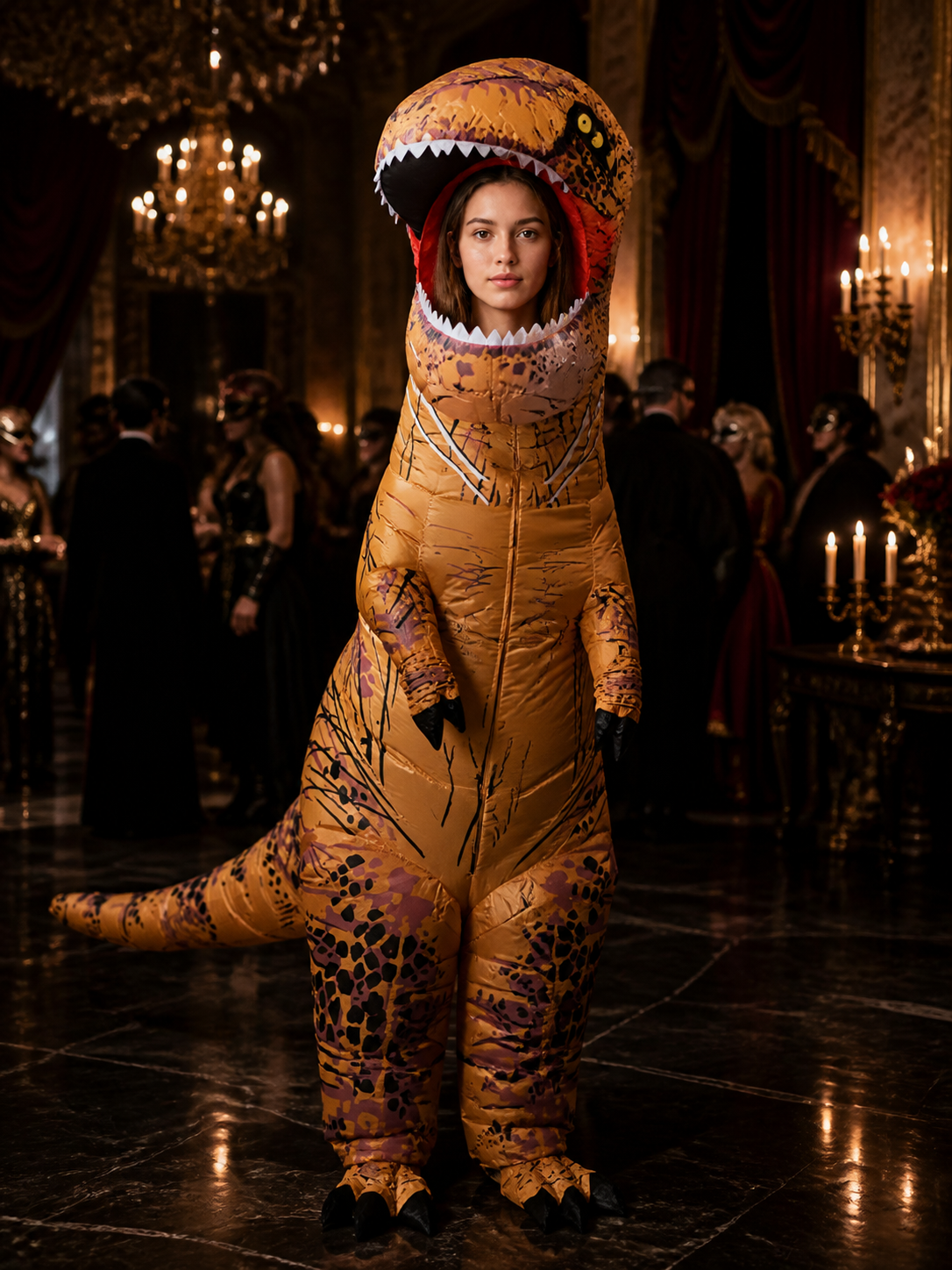 Adult T-Rex Dinosaur Costume, Orange Brown Spotted Bodysuit for Halloween Costumes detail