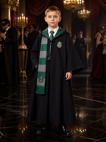 Wizard Costume Set, Hooded Robe With Tie And Scarf, Green And Gray Costumes detail