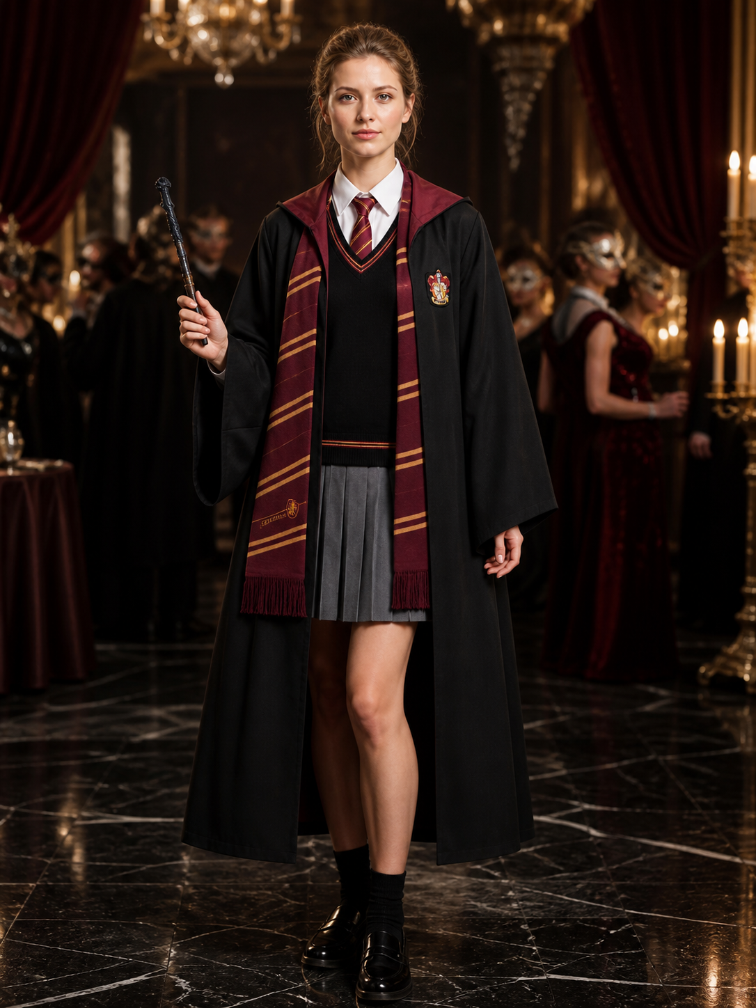 Kids Wizard Costume Set, Hooded Robe, Shirt, Pleated Skirt, Vest, Tie, Scarf and Costumes detail