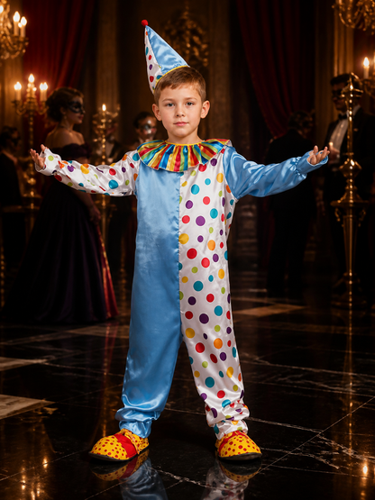 Kids' Multicolor Clown Jumpsuit Costume With Polka Dot Cone Hat, Long Sleeve Costume Headwear detail