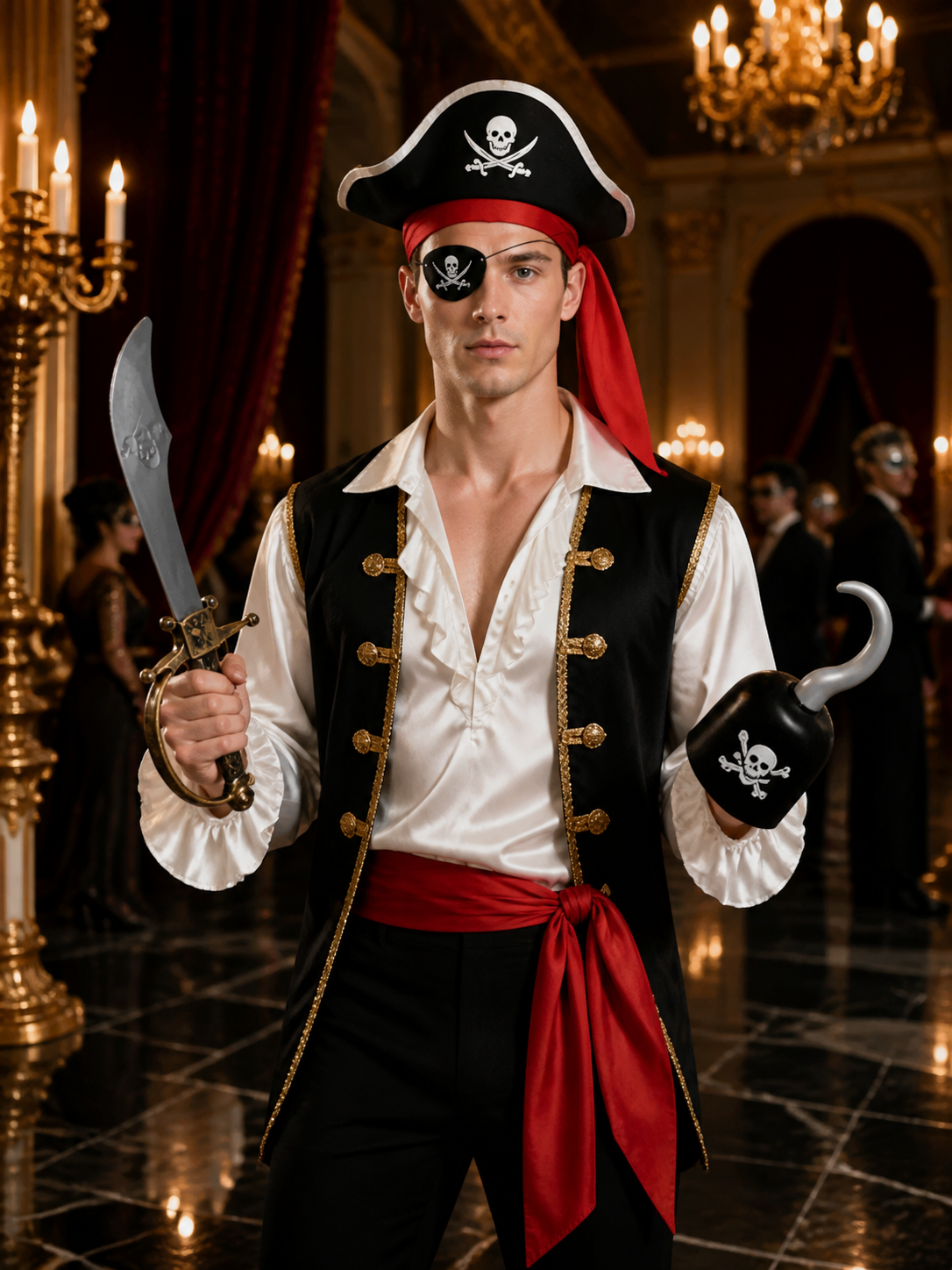 Halloween Pirate Costume Accessory Set - Skull Hat, Eyepatch, Hook & Sword Costume Headwear detail