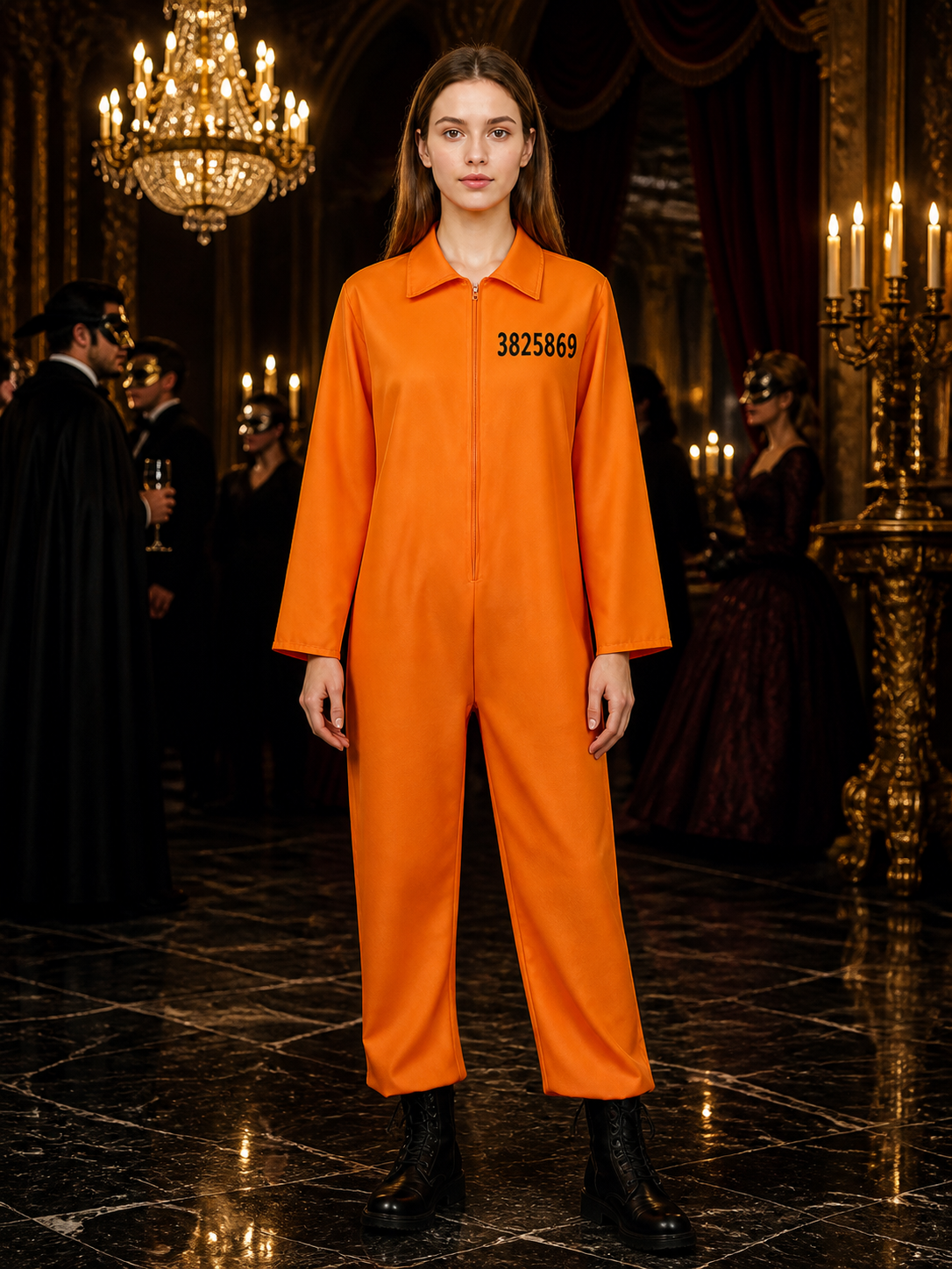 Orange Prisoner Jumpsuit Costume, Collared Zip-Front Long-Sleeve Number-Printed Costumes detail
