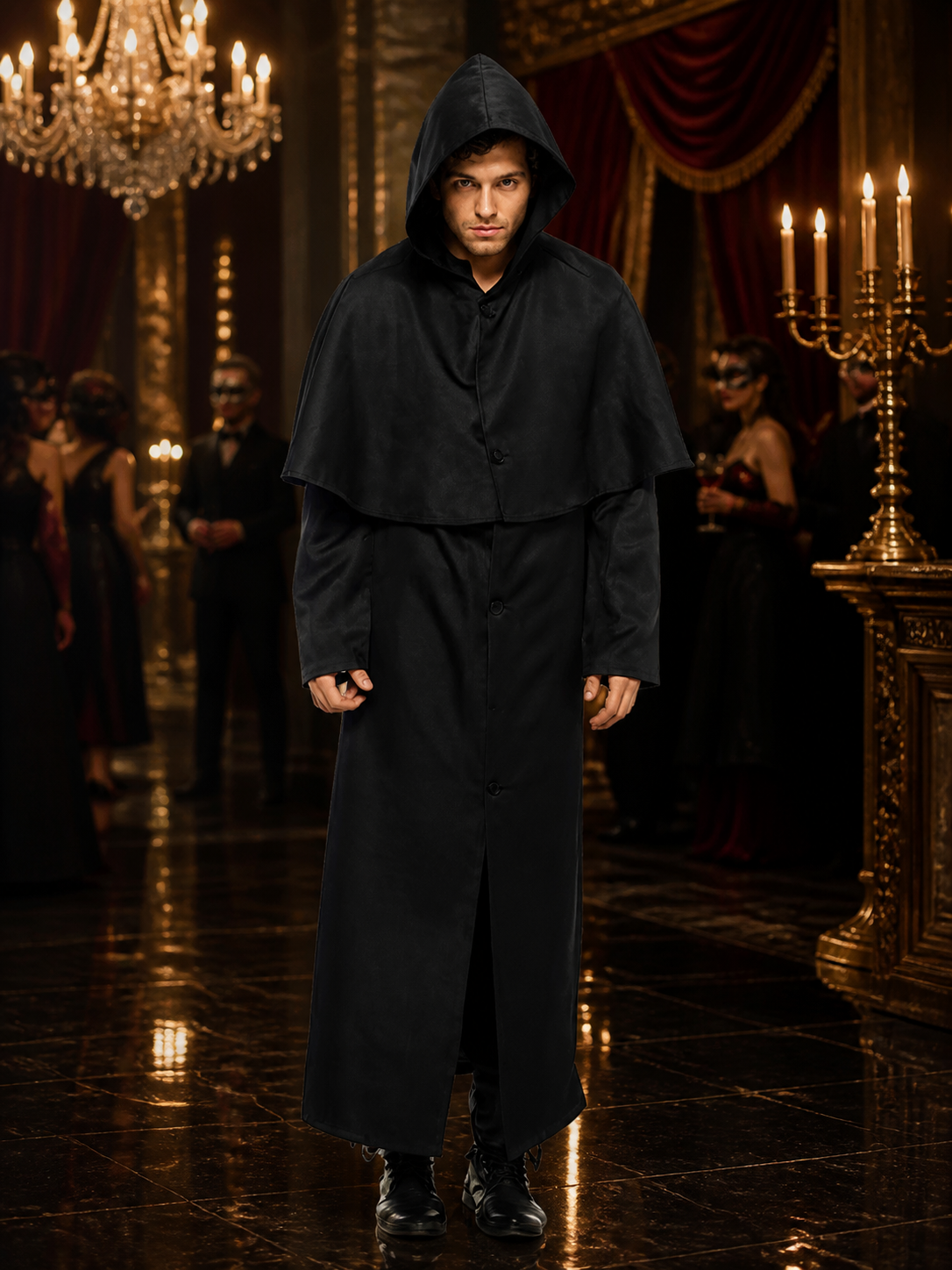 Adult Wizard Hooded Robe Costume, Black Long Cape Style Cosplay Outfit Costume Capes detail