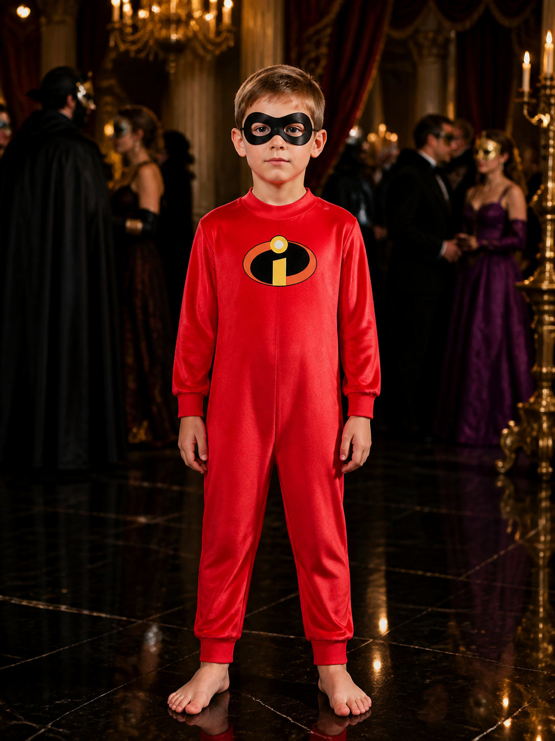 Kids Superhero Costume Set, Red Yellow Black Character Bodysuit with Eye Mask Costume Masks detail