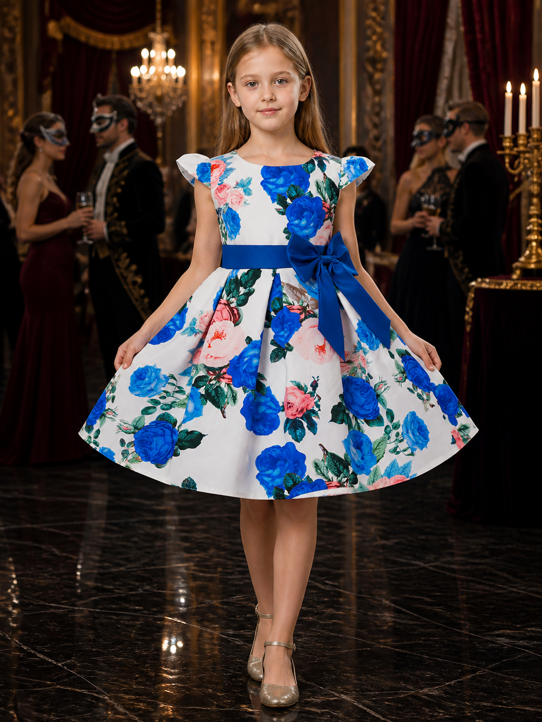 Girls' Princess Dress, Floral Print Short Sleeve Party Dress with Blue Bow Costume Dresses detail