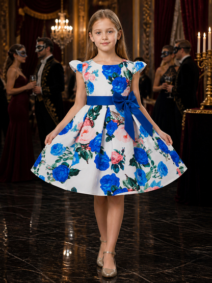 Girls' Princess Dress, Floral Print Short Sleeve Party Dress with Blue Bow Costume Dresses detail