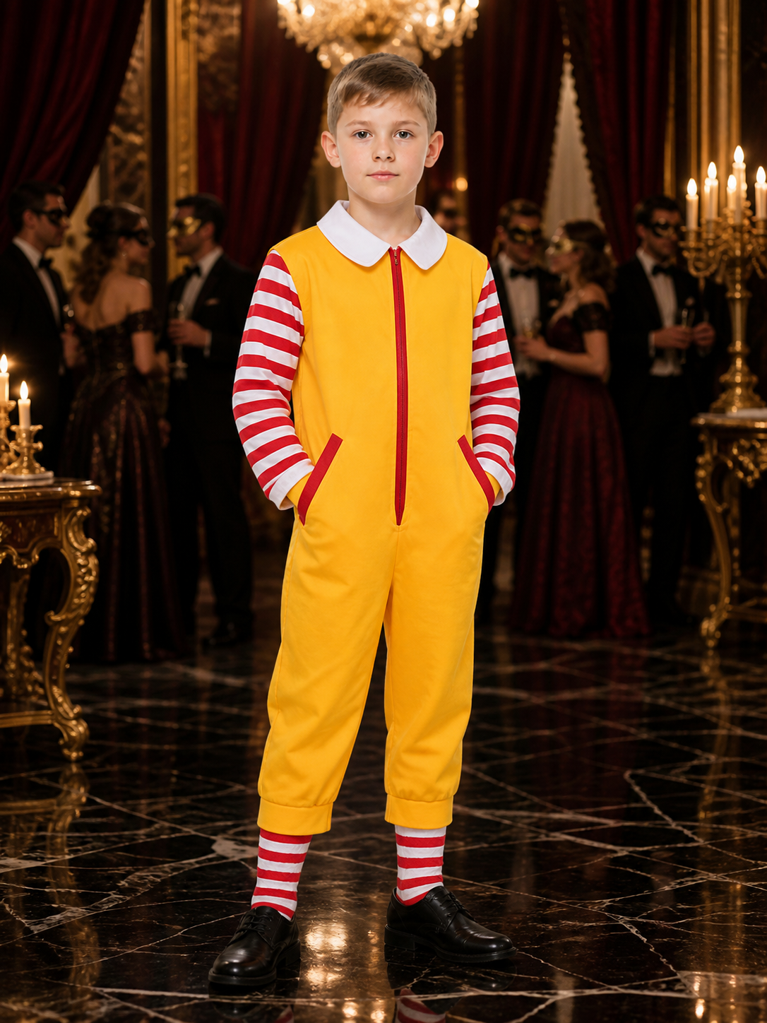 Clown Jumpsuit Costume, Red White and Yellow Striped Halloween Cosplay Outfit Costumes detail