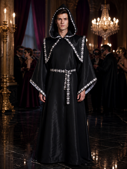 Black Hooded Wizard Robe Costume Set with Silver Sequin Trim and Belt Costumes detail