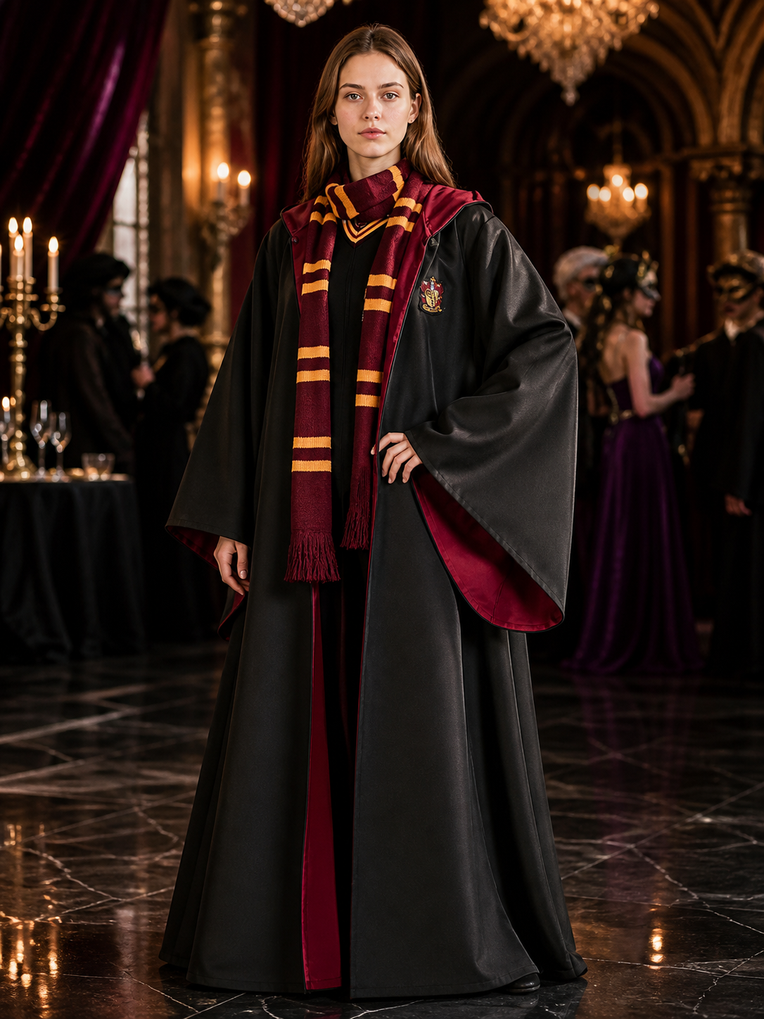 Halloween Wizard Robe Costume Set with Red and Gold Striped Scarf, Black Cloak Costume Capes detail