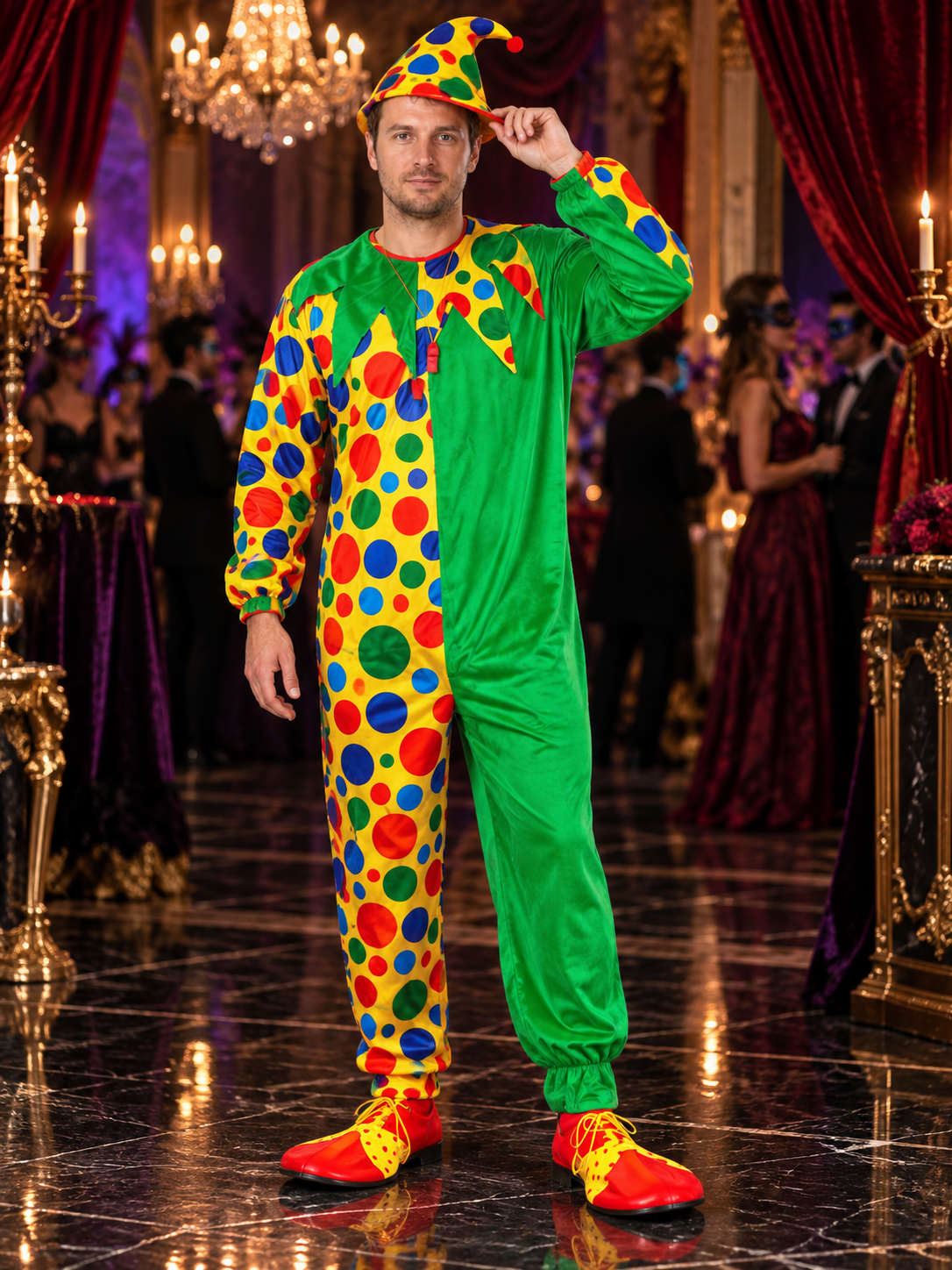Green Polka Dot Clown Costume with Jumpsuit and Hat