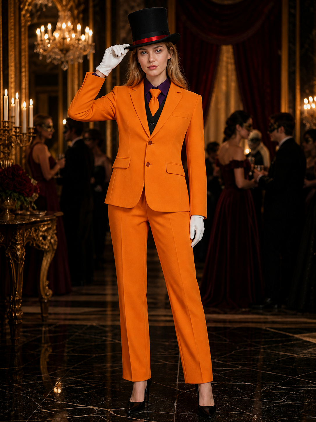 Clown Halloween Costume Set for Adults - Orange Blazer, Pants, Vest, Shirt, Tie Costumes detail