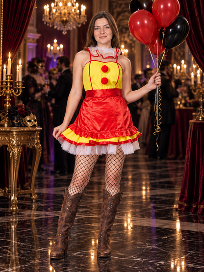 Yellow and Red Carnival Dress with Apron and Pom-Poms