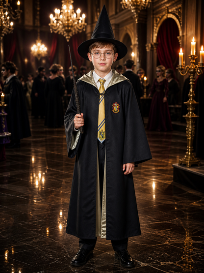Wizard Costume Set With Hooded Robe, Pointed Hat, Wand, Tie And Round Glasses Costume Headwear detail