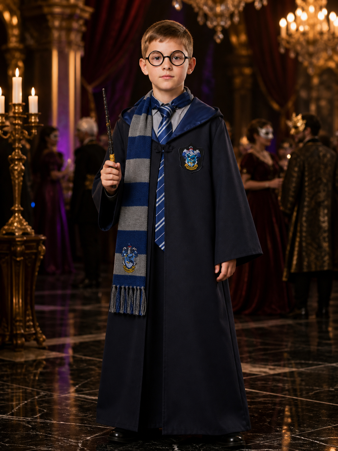 Children's Ravenclaw Wizard Robe Costume Set with Tie, Scarf, Glasses and Wand Costume Accessories detail