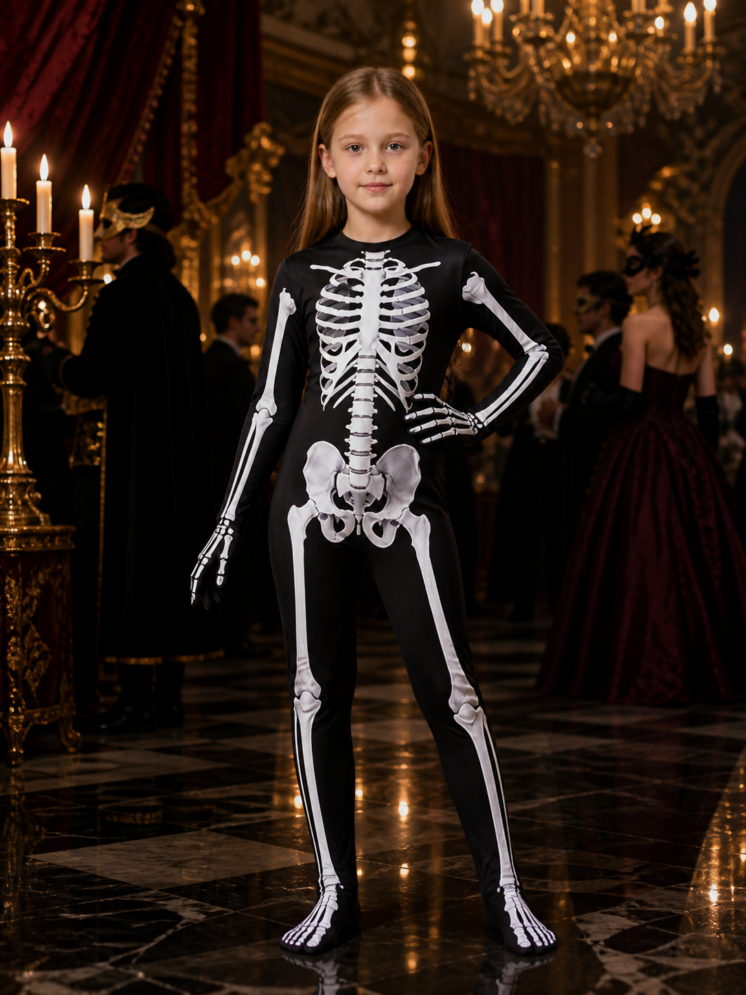 Halloween Skeleton Jumpsuit Costume, Black With White Bone Print Costumes detail
