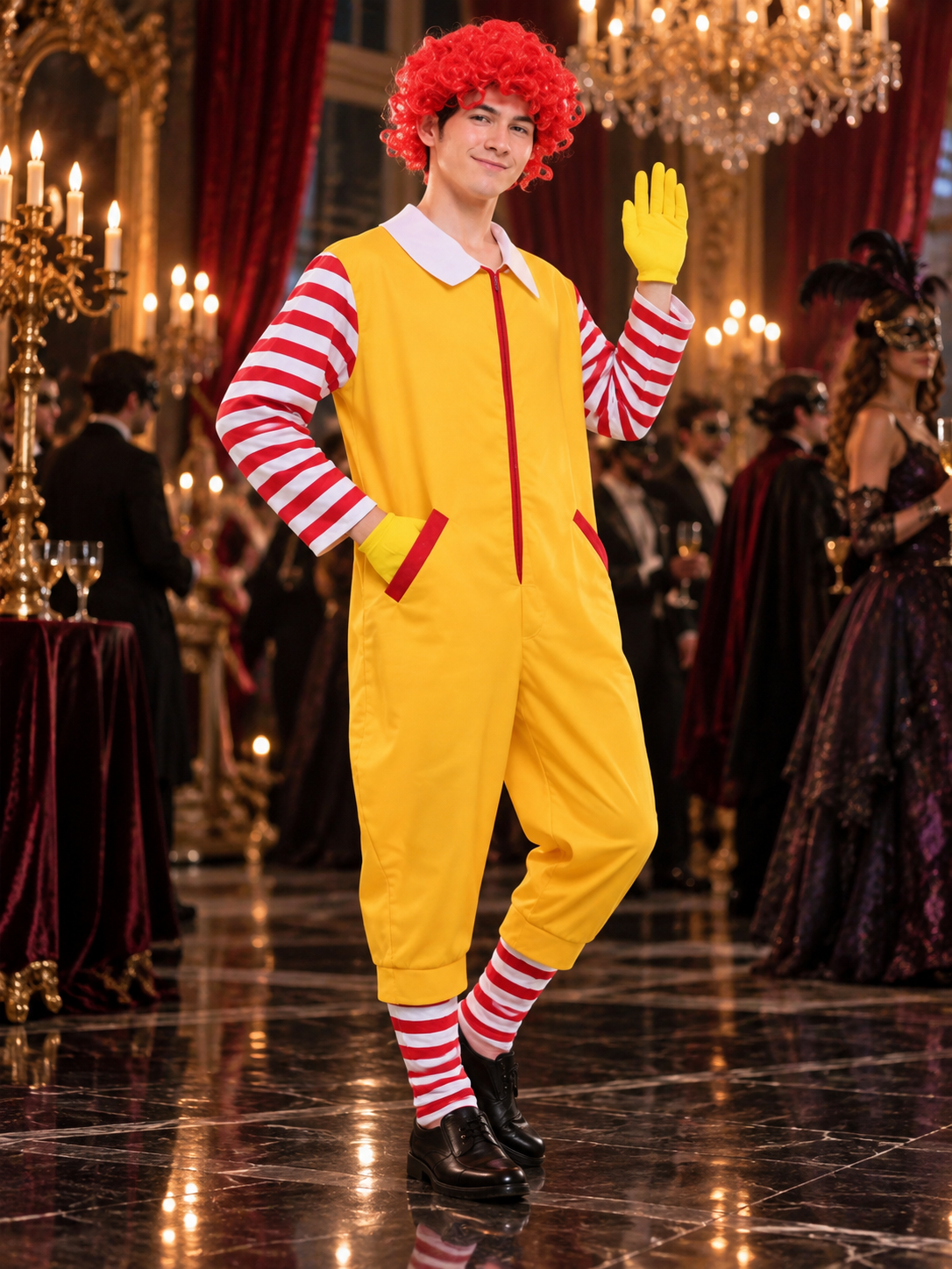 Clown Costume with Red Wig and Gloves