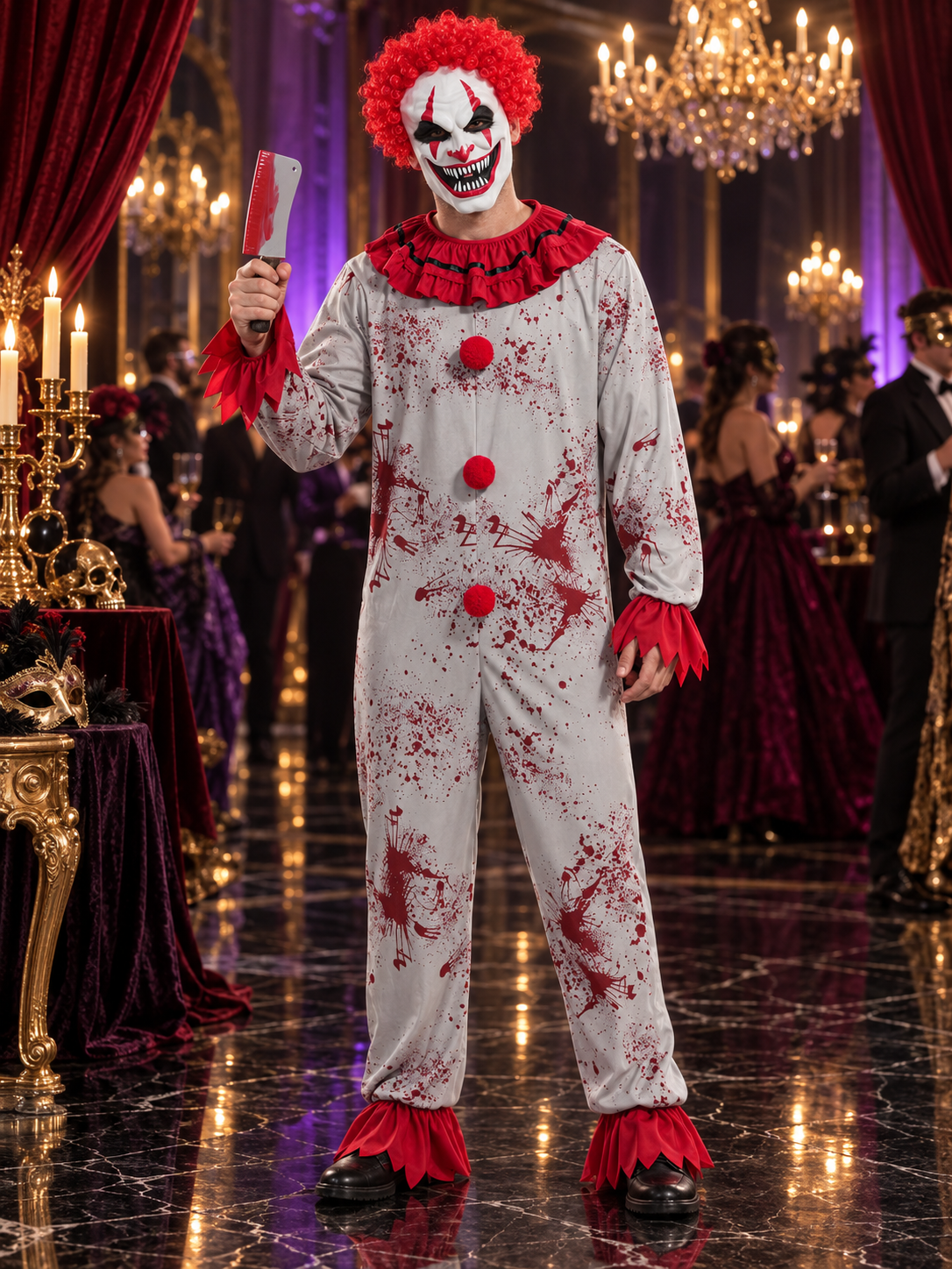 Adult clown carnival costume with mask and wig