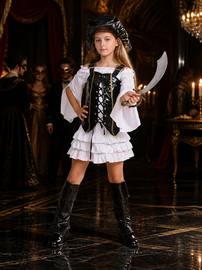 Girl's Pirate Costume Set with Corset Top, Ruffle Skirt & Hat, Black & White Costume Headwear detail