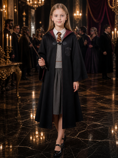 Kids Wizard Costume Set, Hooded Robe, Vest, Skirt and Wand Costume Accessories detail