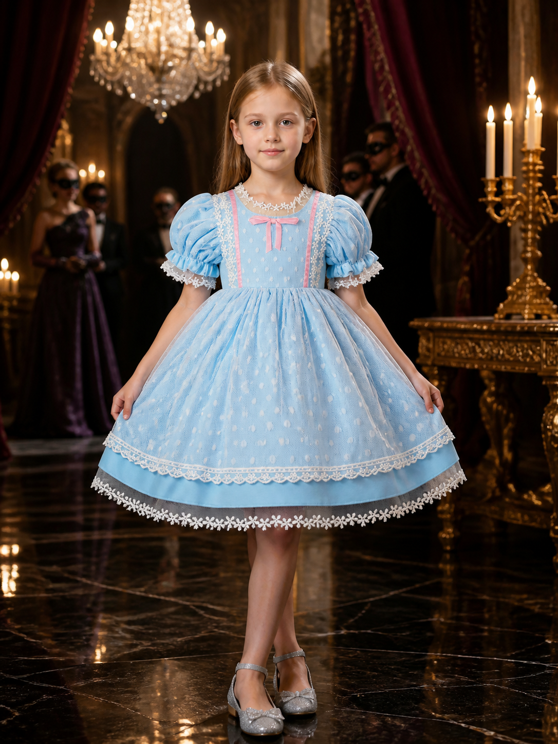 Baby Girls' Sky Blue Princess Dress with Pink Bow and Lace Trim Costume Dresses detail