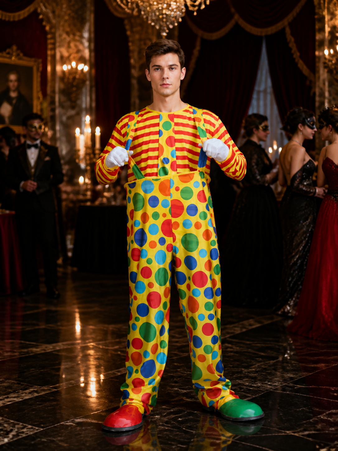 Adult Clown Costume Set for Halloween, Red Yellow Striped Top with Polka Dot Costumes detail