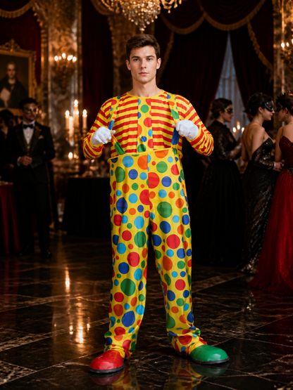 Adult Clown Costume Set for Halloween, Red Yellow Striped Top with Polka Dot Costumes detail
