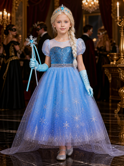 Kids Snow Queen Sequined Puffy Princess Dress Costume Set with Crown, Wand