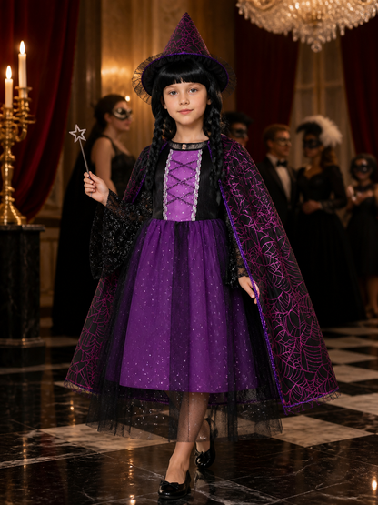 Girls Gothic Witch Vampire Costume Set - Black Purple Lace Tulle Dress with Costume Dresses detail