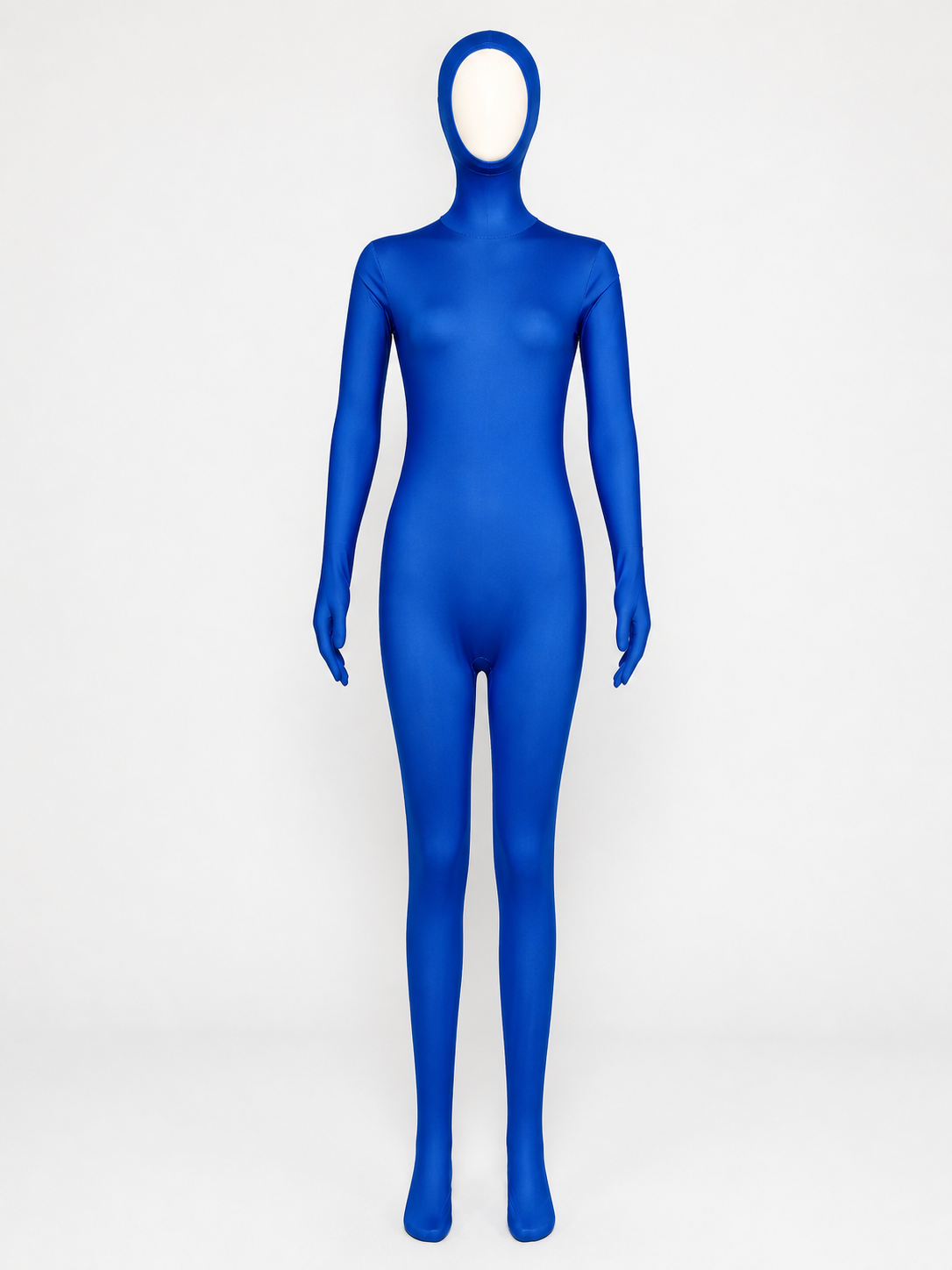 Women's Blue Hooded Zentai Full Body Suit with Face Opening, Footed, Long