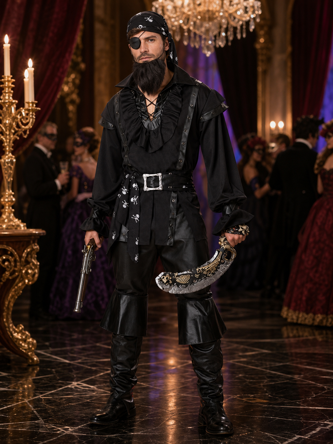 Adult Pirate Costume Set, Black Long-Sleeve Outfit With Headscarf, Beard Costumes detail