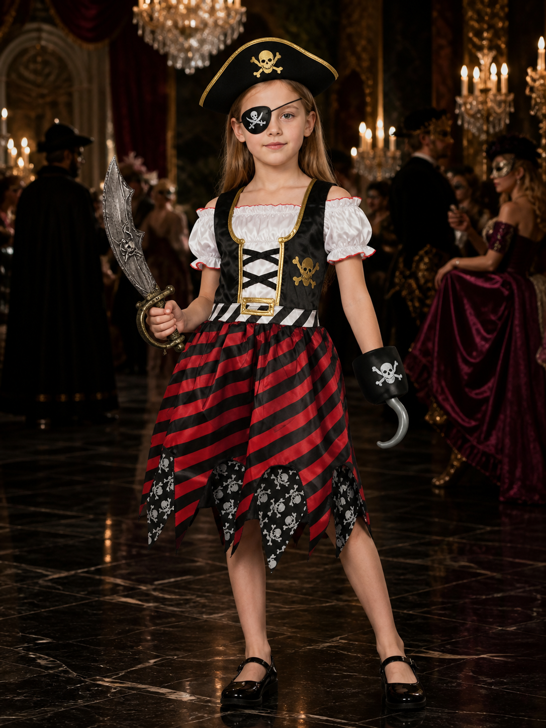 Kids Pirate Costume Dress Set with Skull Print, Hat, Eye Patch, Sword & Hook for Costume Dresses detail