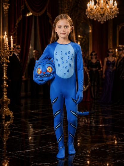 Kids Blue Tiger Costume Set with Headpiece, Striped Footed Bodysuit, and Tail Costume Headwear detail