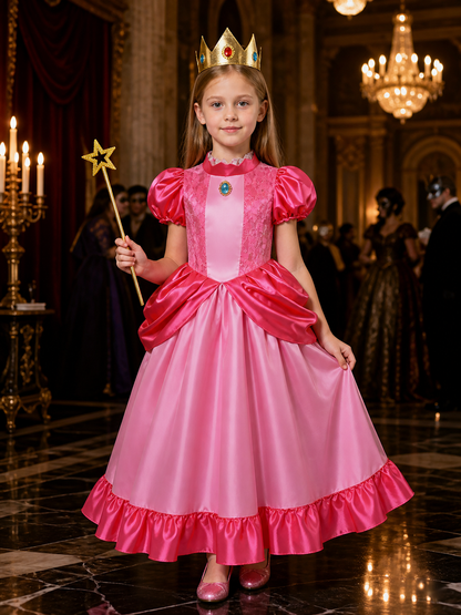 Kids Princess Costume Set With Pink Lace Ruffle Ball Gown, Crown And Star Magic Costume Dresses detail