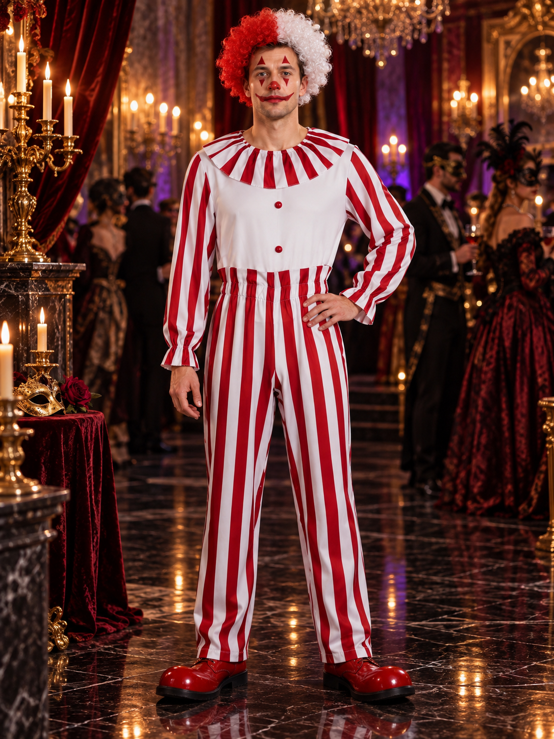 Clown costume jumpsuit in red and white stripes with a jabot