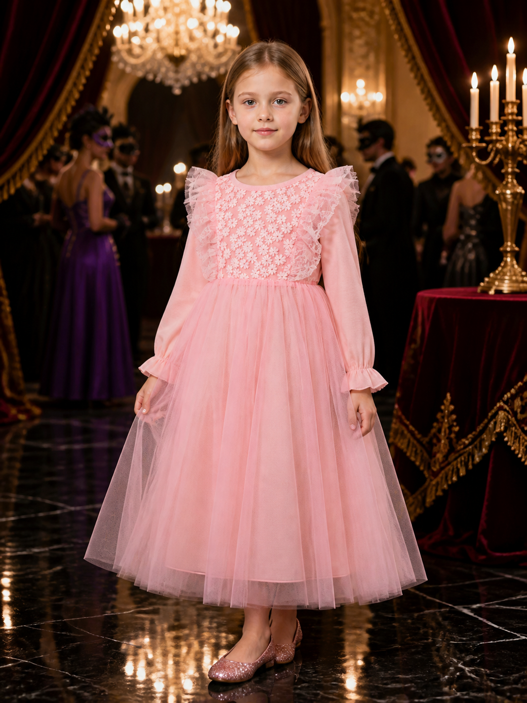 Infant Girls' Pink Princess Dress, Long Sleeve Lace Tulle Floral Embroidered Costume Dresses detail