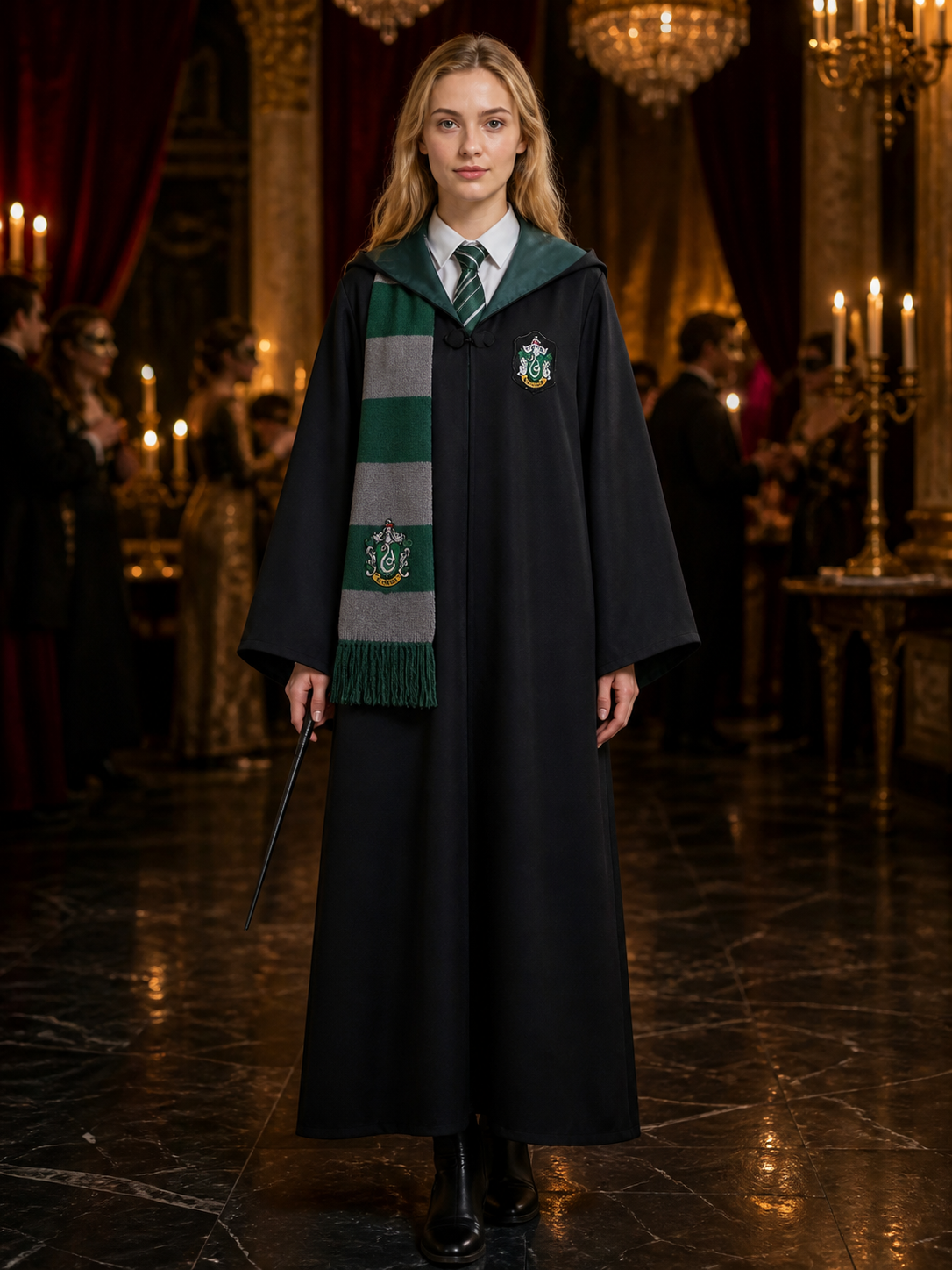 Wizard Long Hooded Robe Costume Set with Tie & Scarf, Green and Grey Stripes