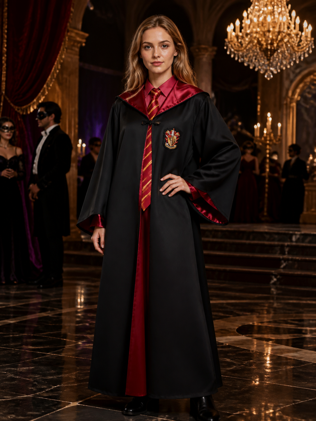 Wizard Robe Costume Set, Black Long Cloak with Red Lining, Striped Tie and Badge Costume Capes detail