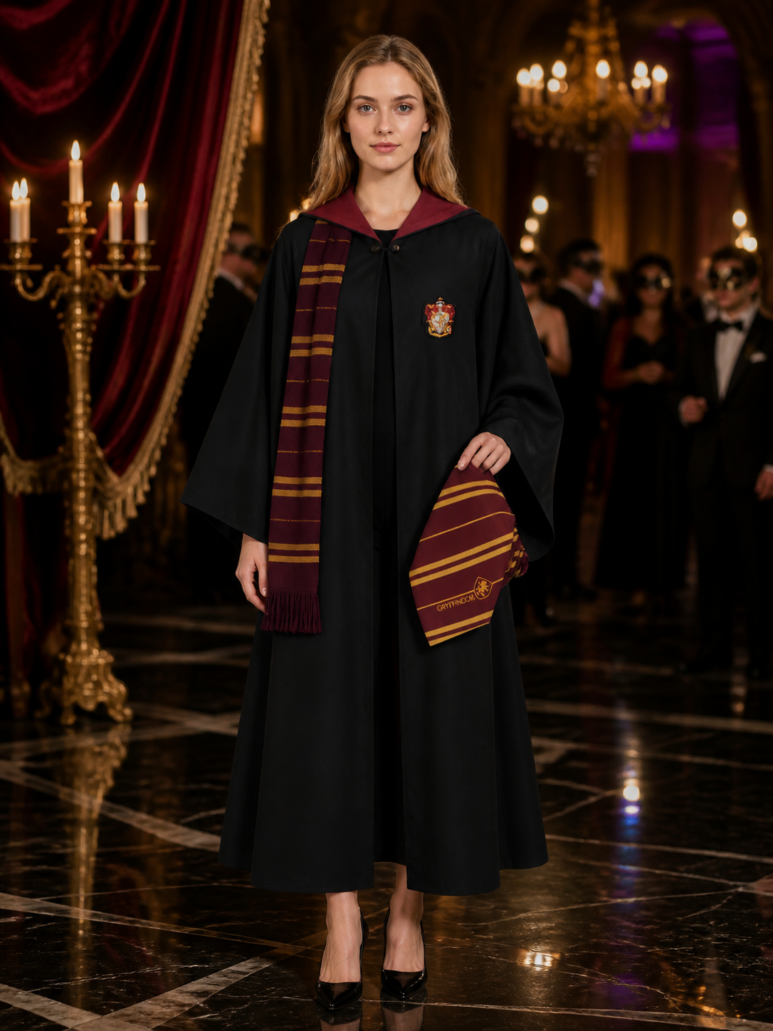 Kids Gryffindor Wizard Costume Set, Hooded Robe With Scarf, Red And Gold Trim Costumes detail