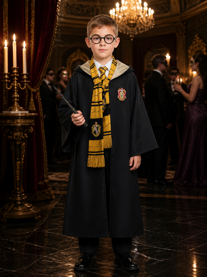 Hufflepuff Wizard Costume Set, Hooded Robe With Striped Scarf, Tie, Glasses & Costumes detail