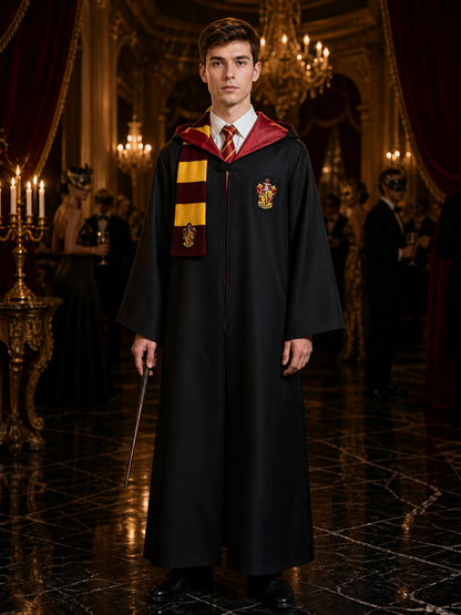 Kids Wizard Robe Costume Set, Hooded Black Cloak With Red And Yellow Striped Tie Costume Capes detail