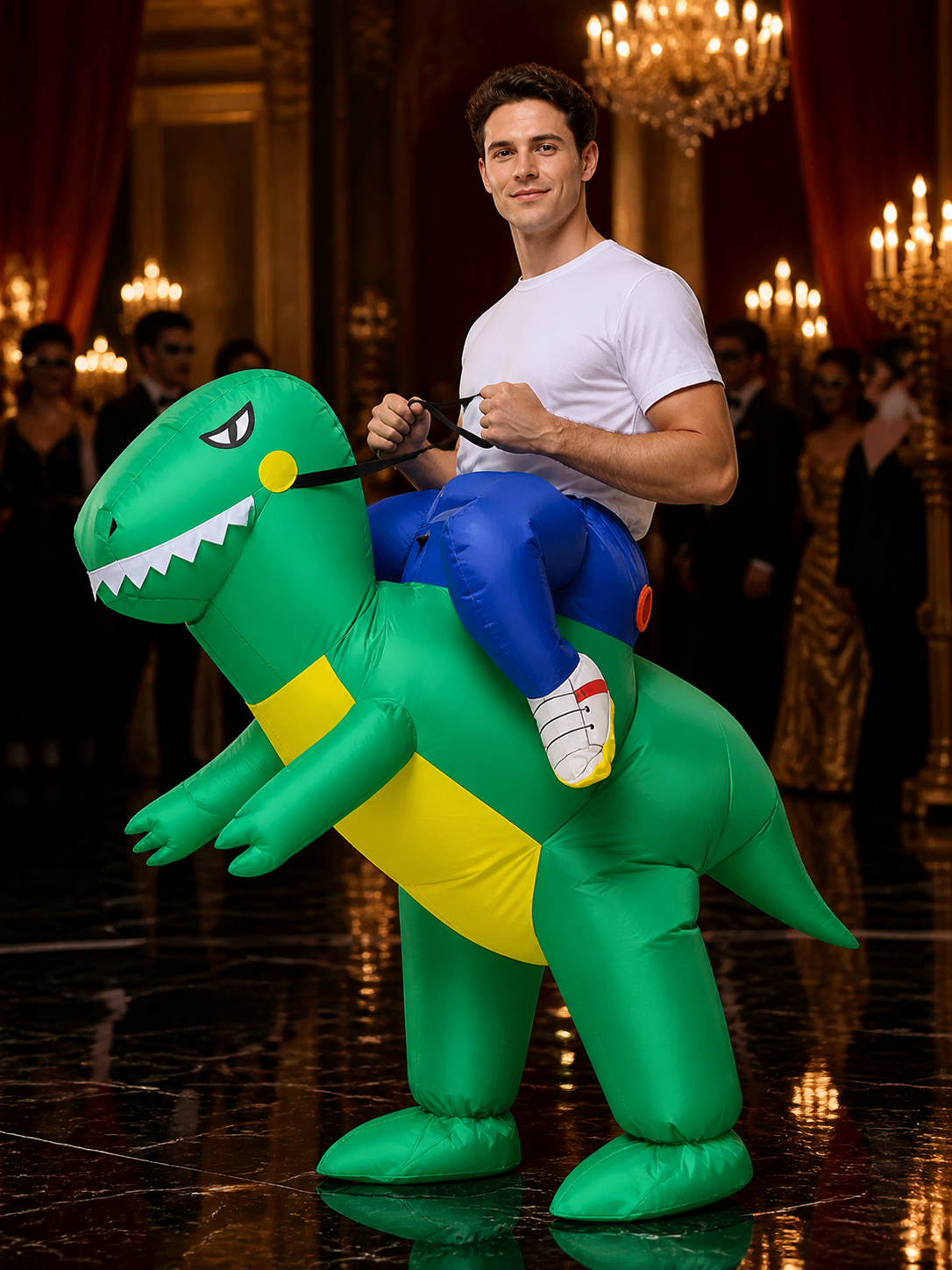 Green Inflatable Dinosaur Costume with Yellow Belly and Long Tail for Halloween Costumes detail