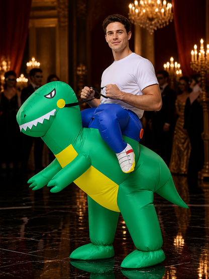 Green Inflatable Dinosaur Costume with Yellow Belly and Long Tail for Halloween Costumes detail