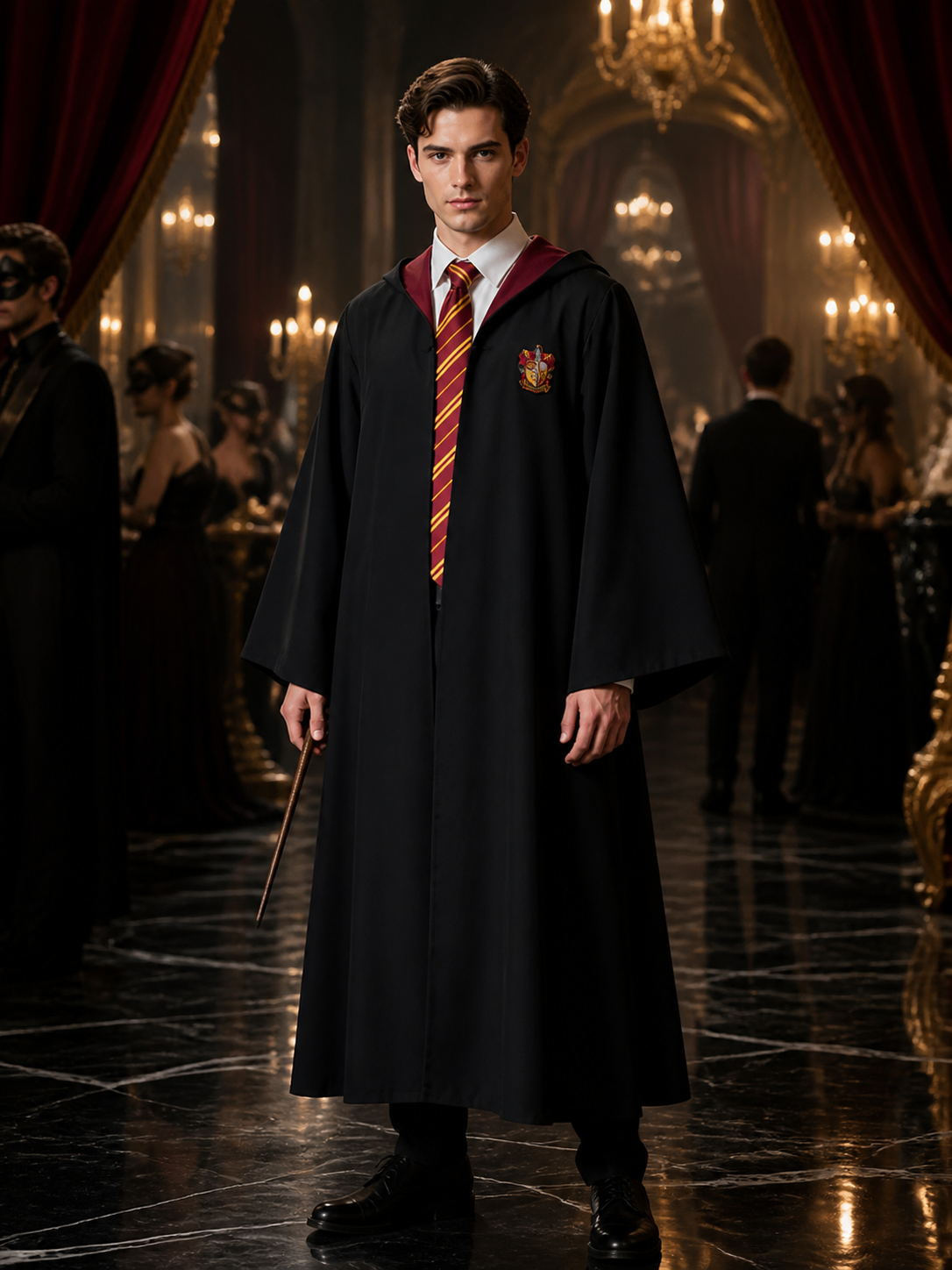 Black Wizard Robe Costume Set with Red-Yellow Striped Tie, Long Sleeve Halloween Costumes detail
